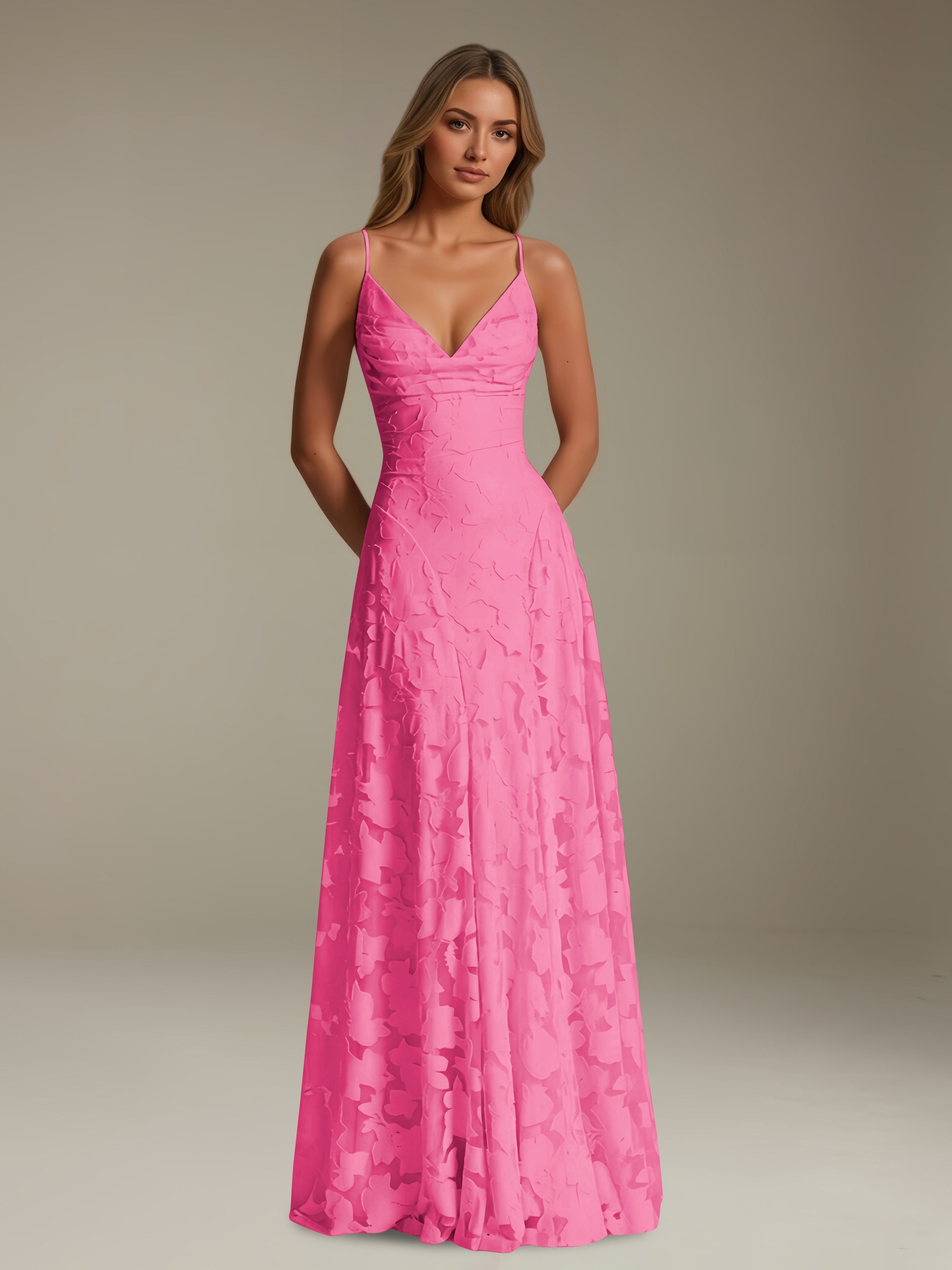 Women’s Floral Lace A-Line Maxi Dress | V-Neck Spaghetti Strap Occasion Gown