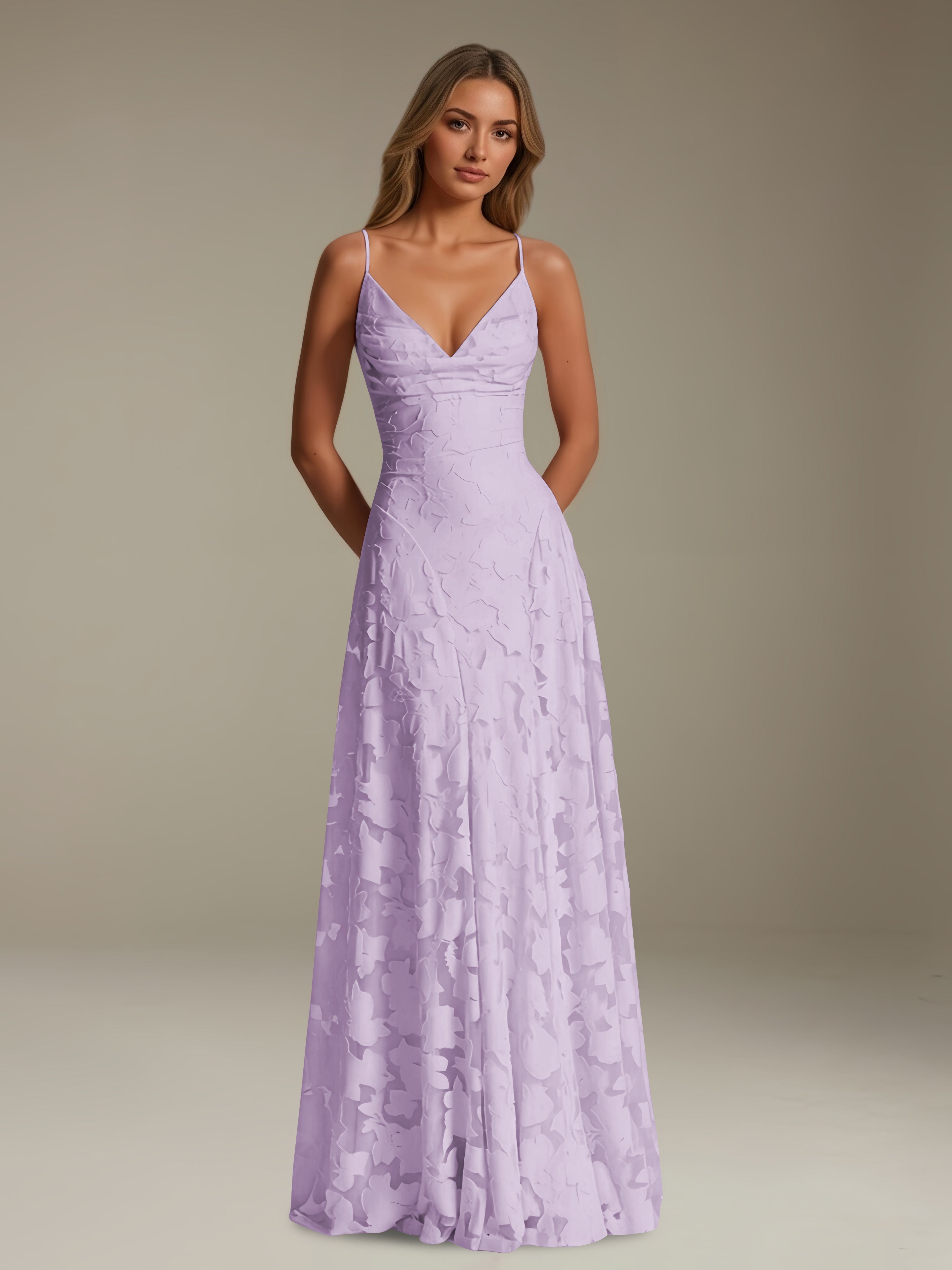 Women’s Floral Lace A-Line Maxi Dress | V-Neck Spaghetti Strap Occasion Gown