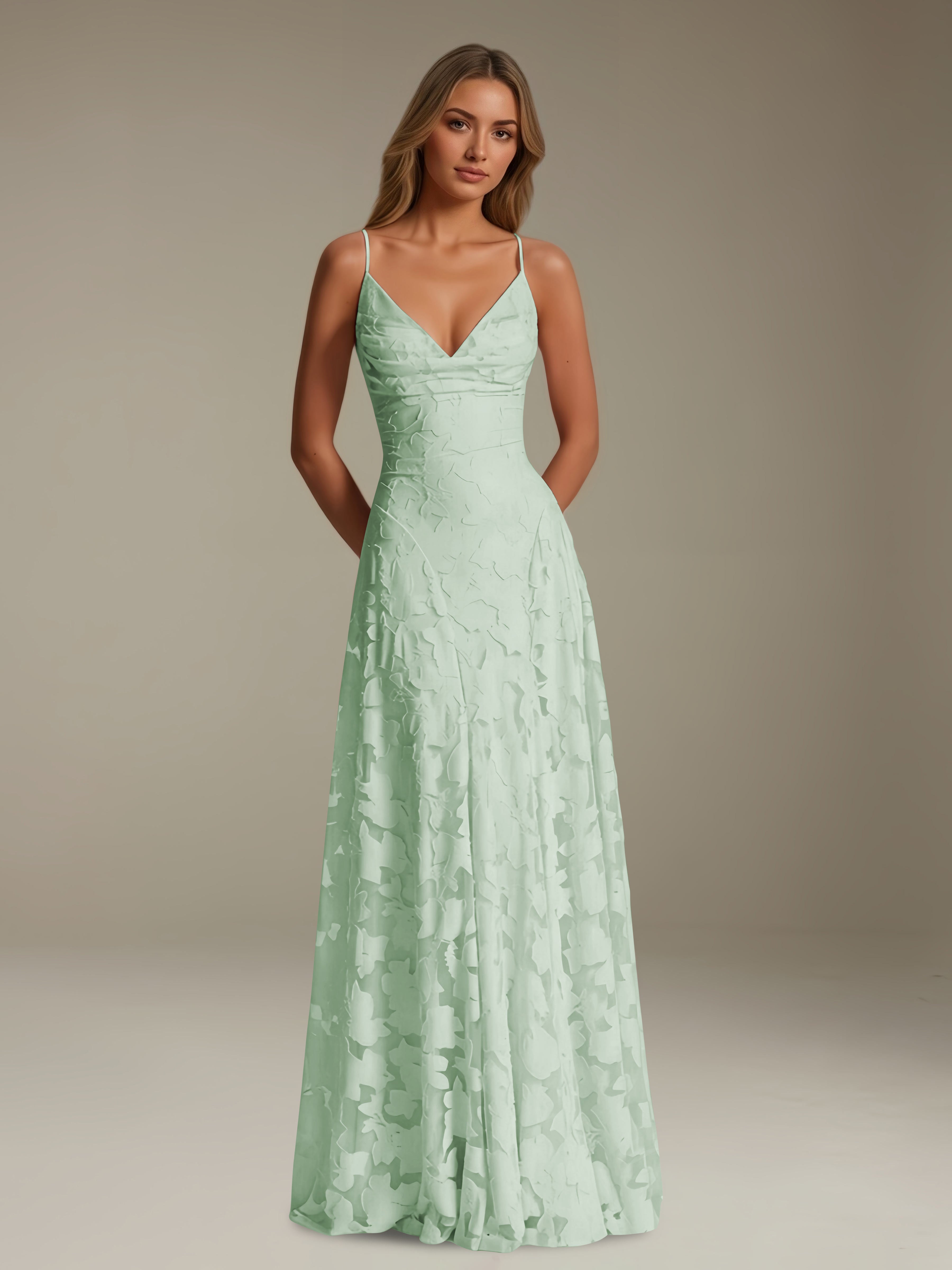 Women’s Floral Lace A-Line Maxi Dress | V-Neck Spaghetti Strap Occasion Gown