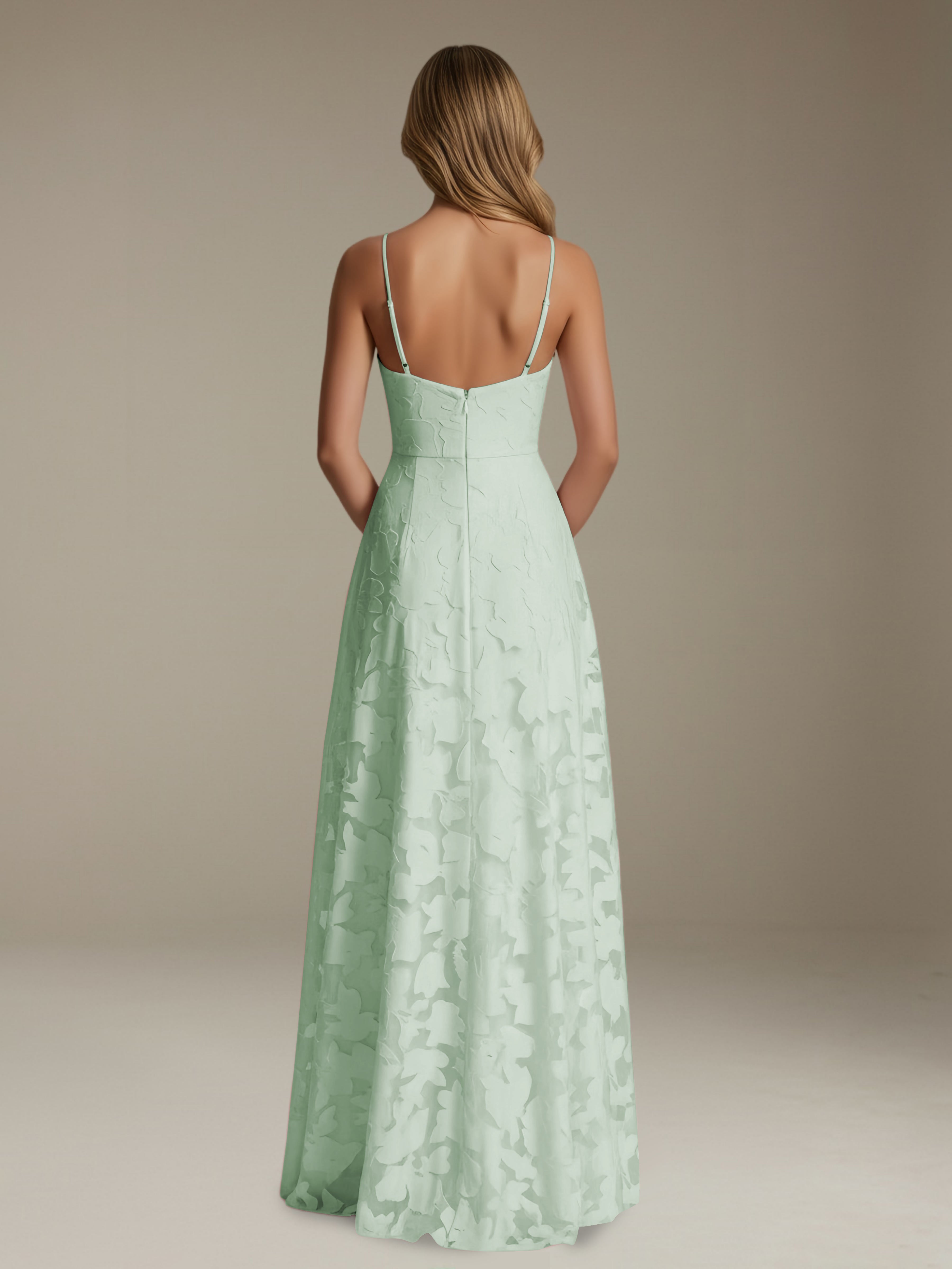 Women’s Floral Lace A-Line Maxi Dress | V-Neck Spaghetti Strap Occasion Gown
