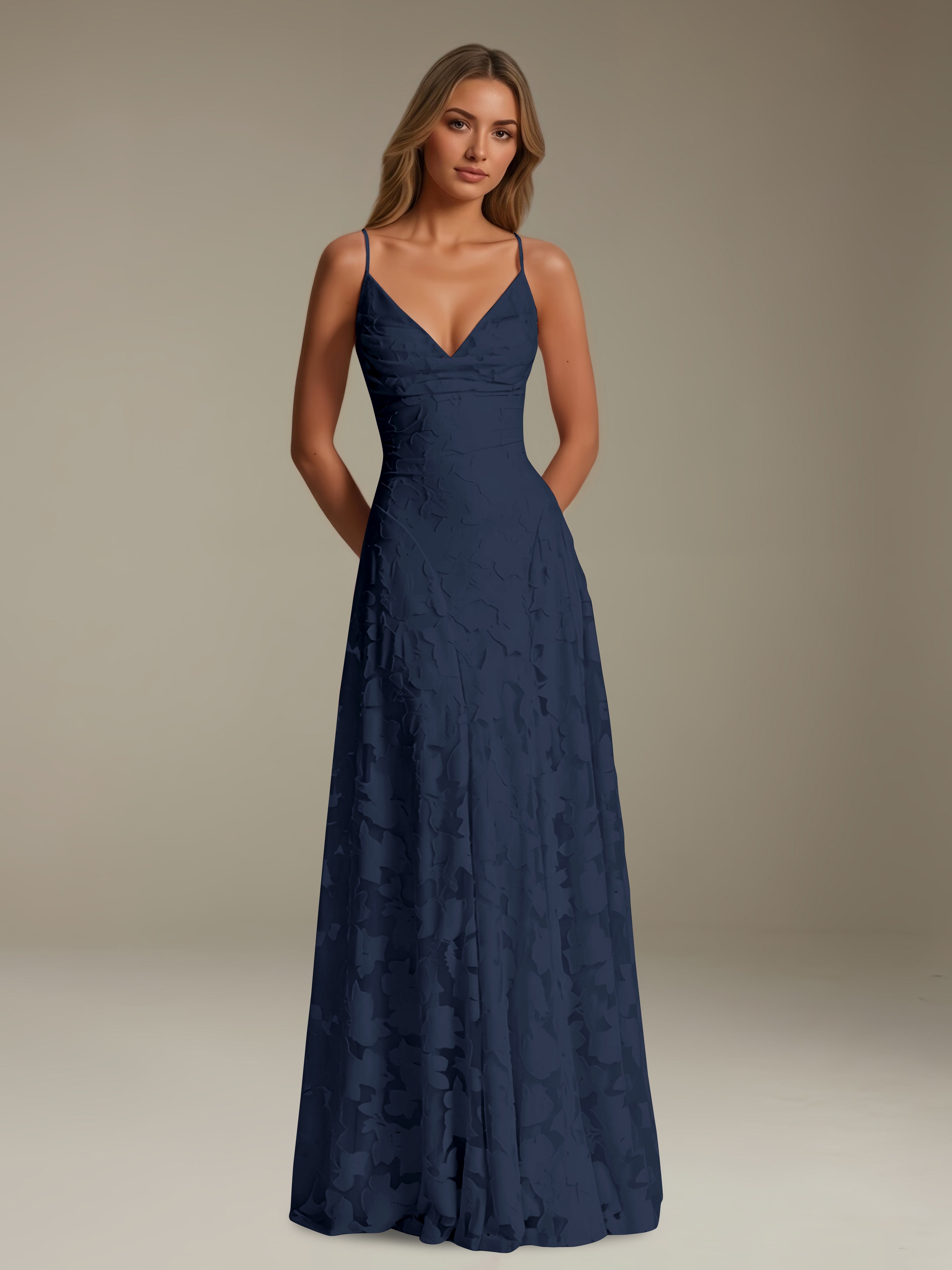 Women’s Floral Lace A-Line Maxi Dress | V-Neck Spaghetti Strap Occasion Gown