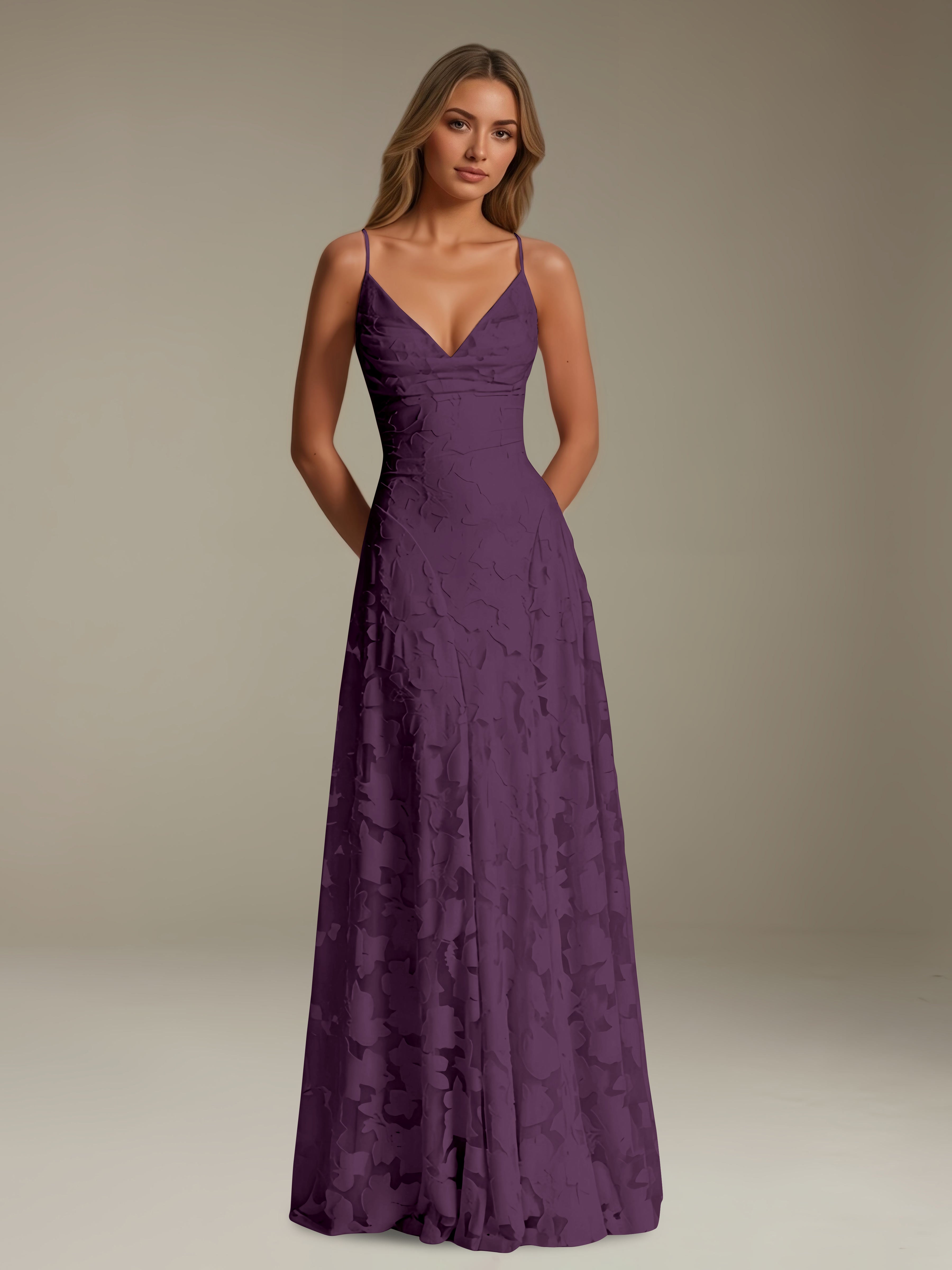 Women’s Floral Lace A-Line Maxi Dress | V-Neck Spaghetti Strap Occasion Gown