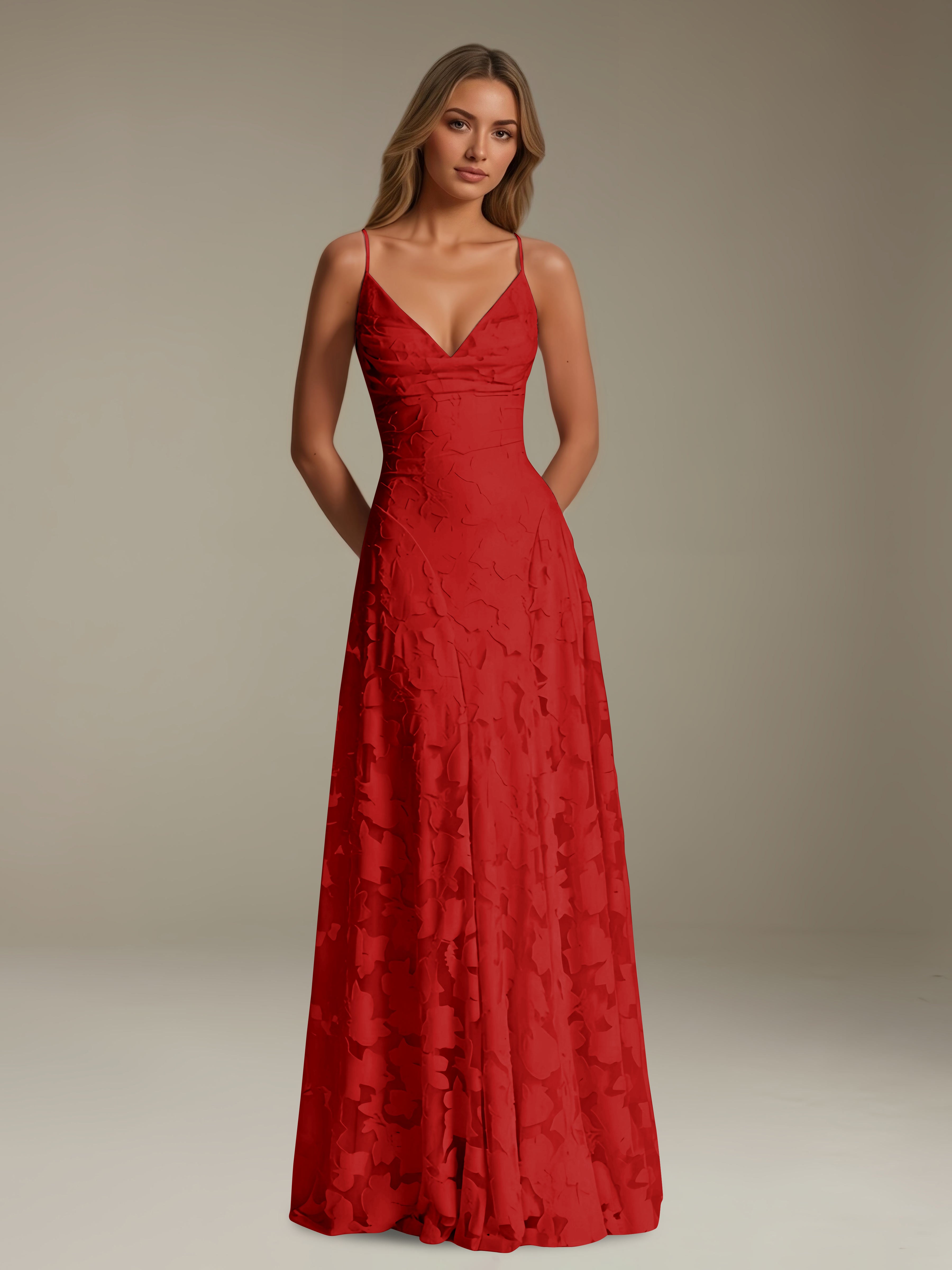 Women’s Floral Lace A-Line Maxi Dress | V-Neck Spaghetti Strap Occasion Gown
