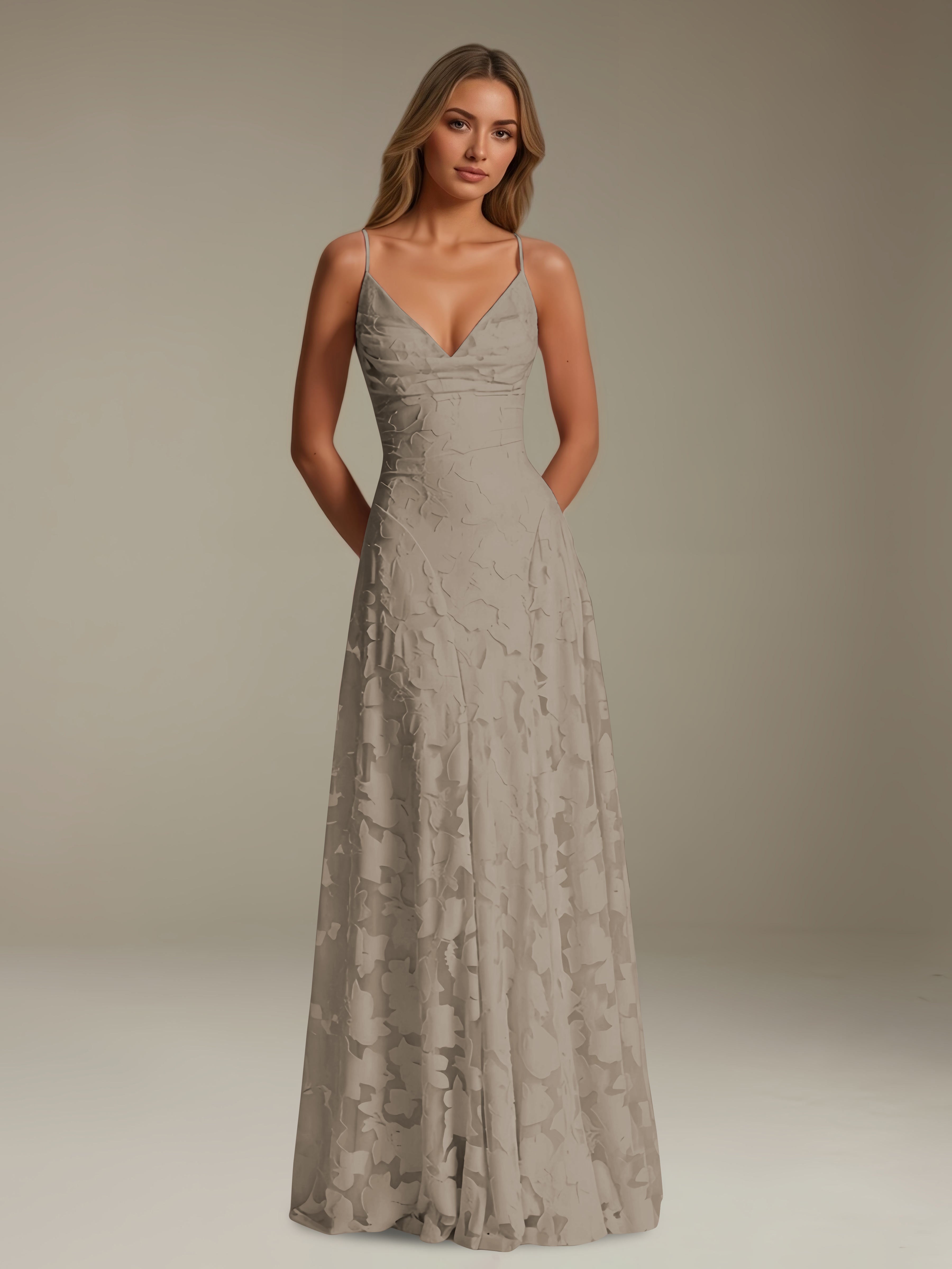 Women’s Floral Lace A-Line Maxi Dress | V-Neck Spaghetti Strap Occasion Gown