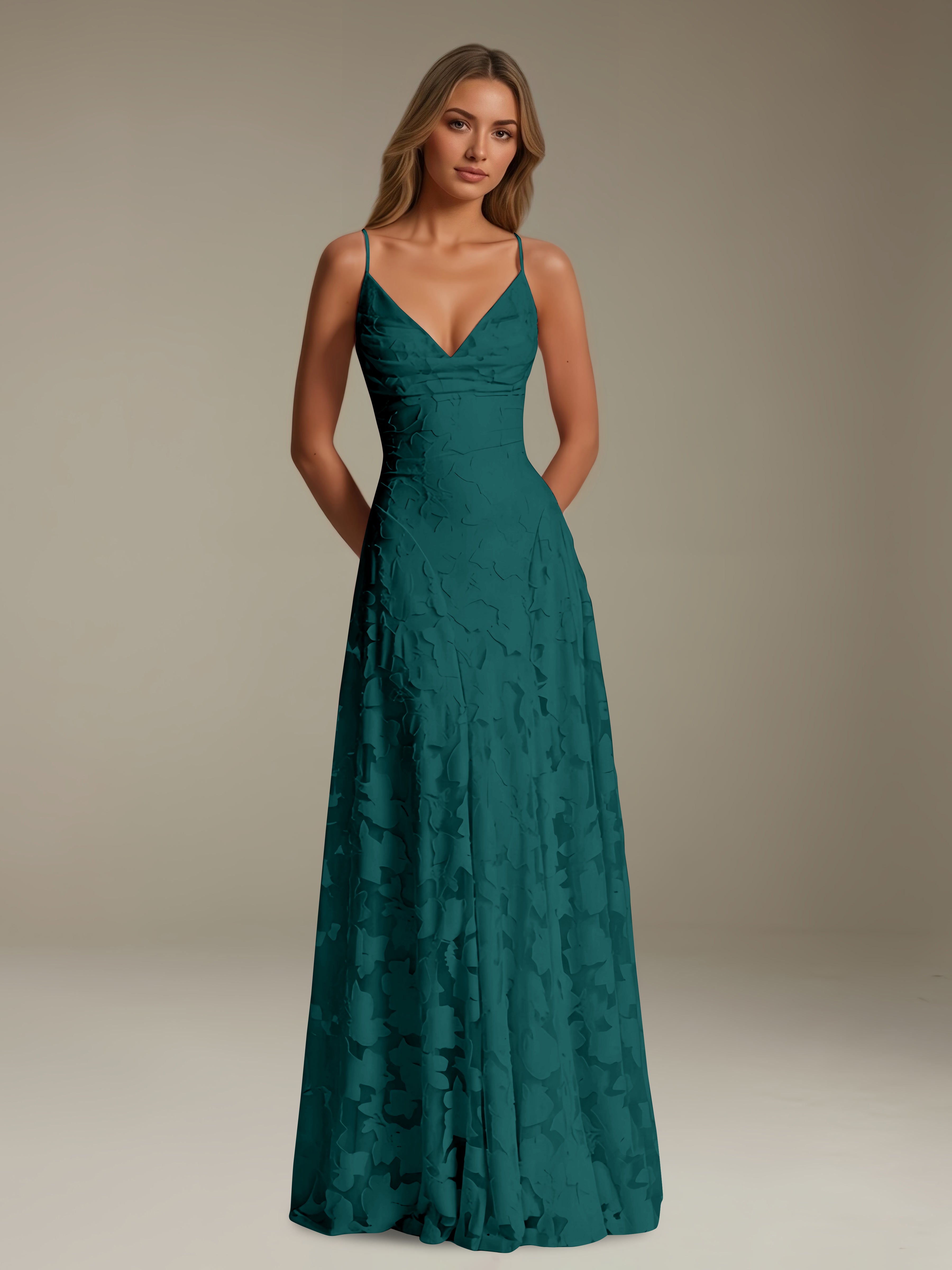 Women’s Floral Lace A-Line Maxi Dress | V-Neck Spaghetti Strap Occasion Gown