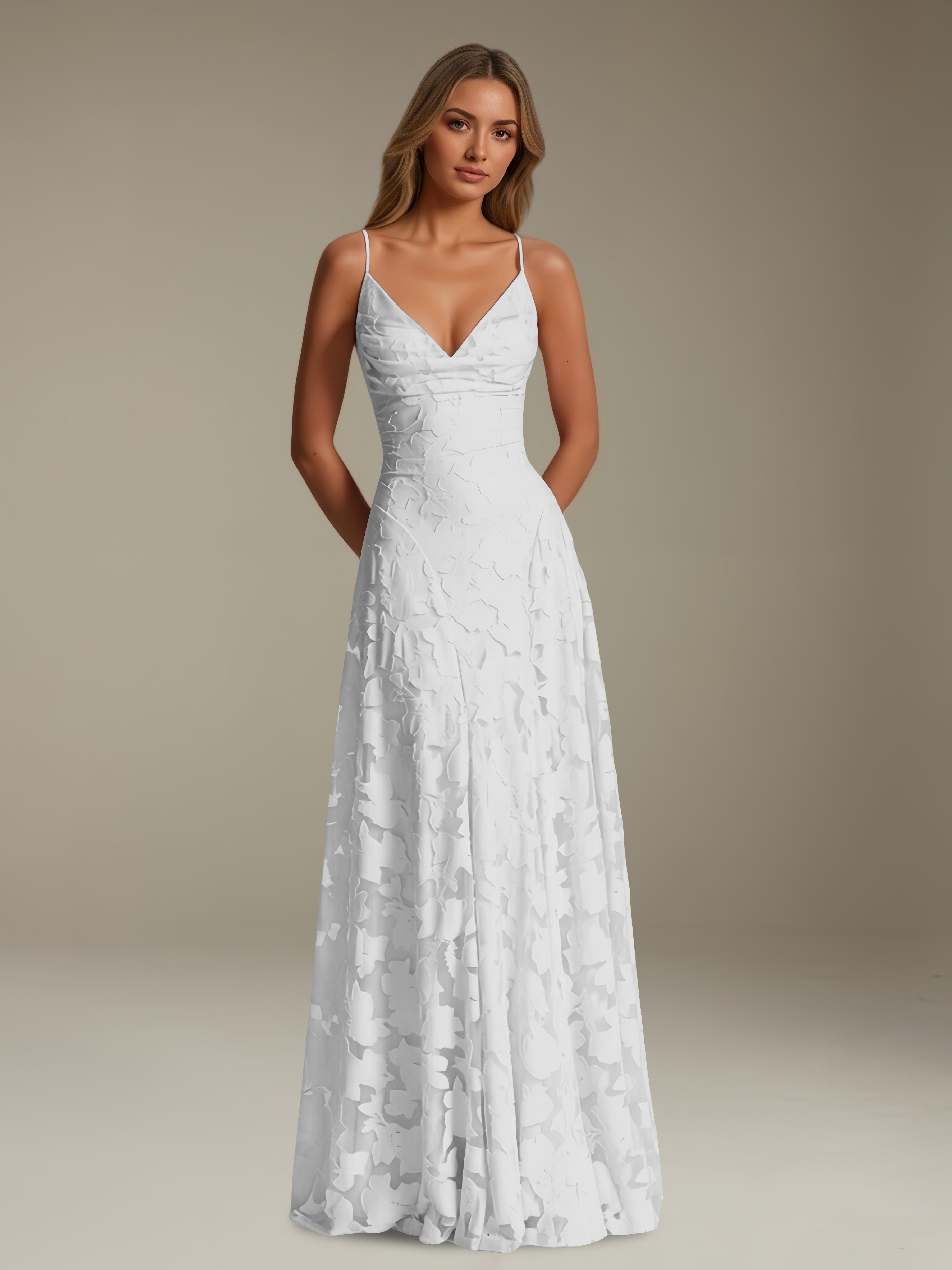 Women’s Floral Lace A-Line Maxi Dress | V-Neck Spaghetti Strap Occasion Gown