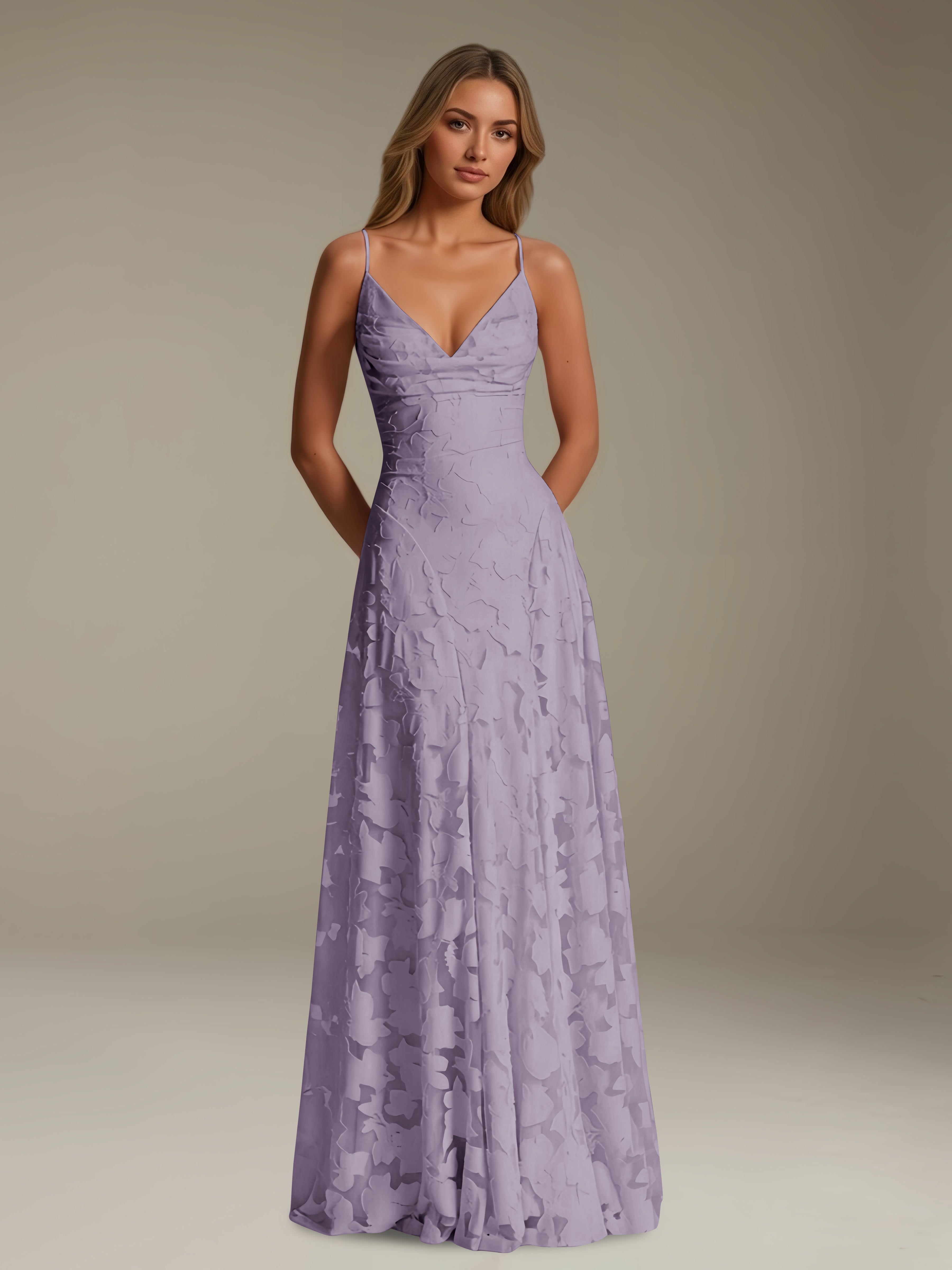 Women’s Floral Lace A-Line Maxi Dress | V-Neck Spaghetti Strap Occasion Gown