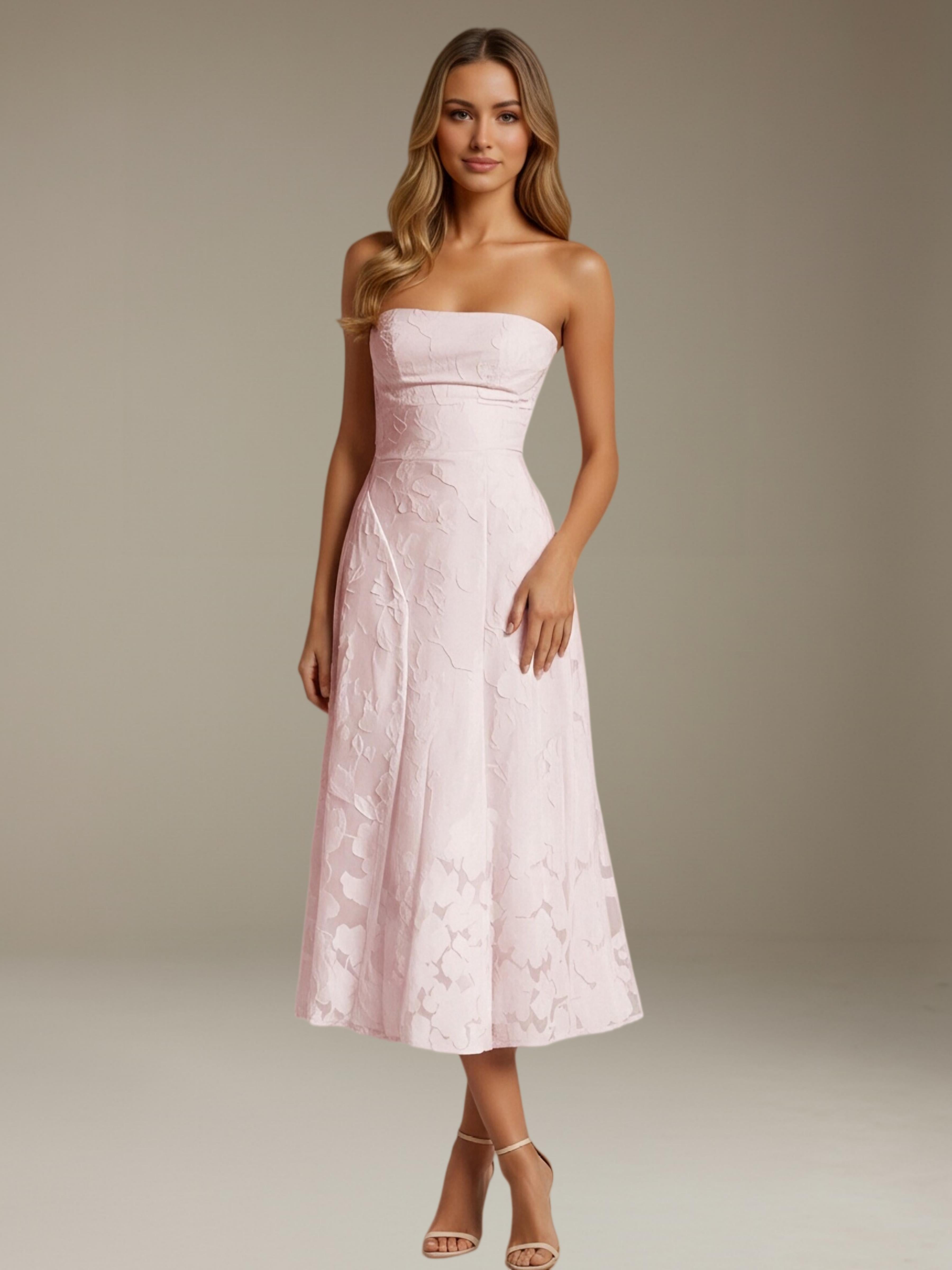 Women’s Floral Lace Tea-Length Dress | Strapless A-Line Occasion Dress