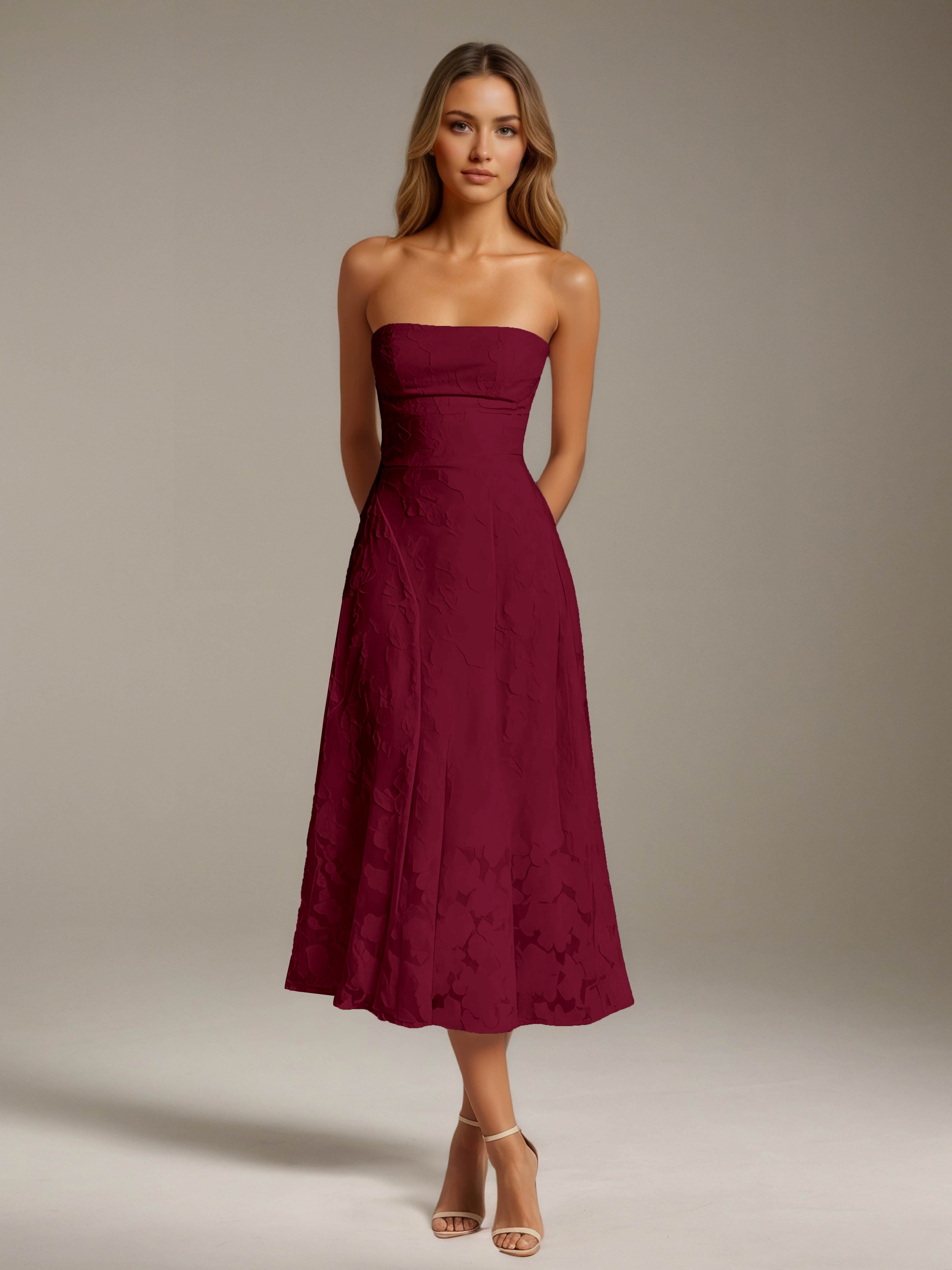 Women’s Floral Lace Tea-Length Dress | Strapless A-Line Occasion Dress