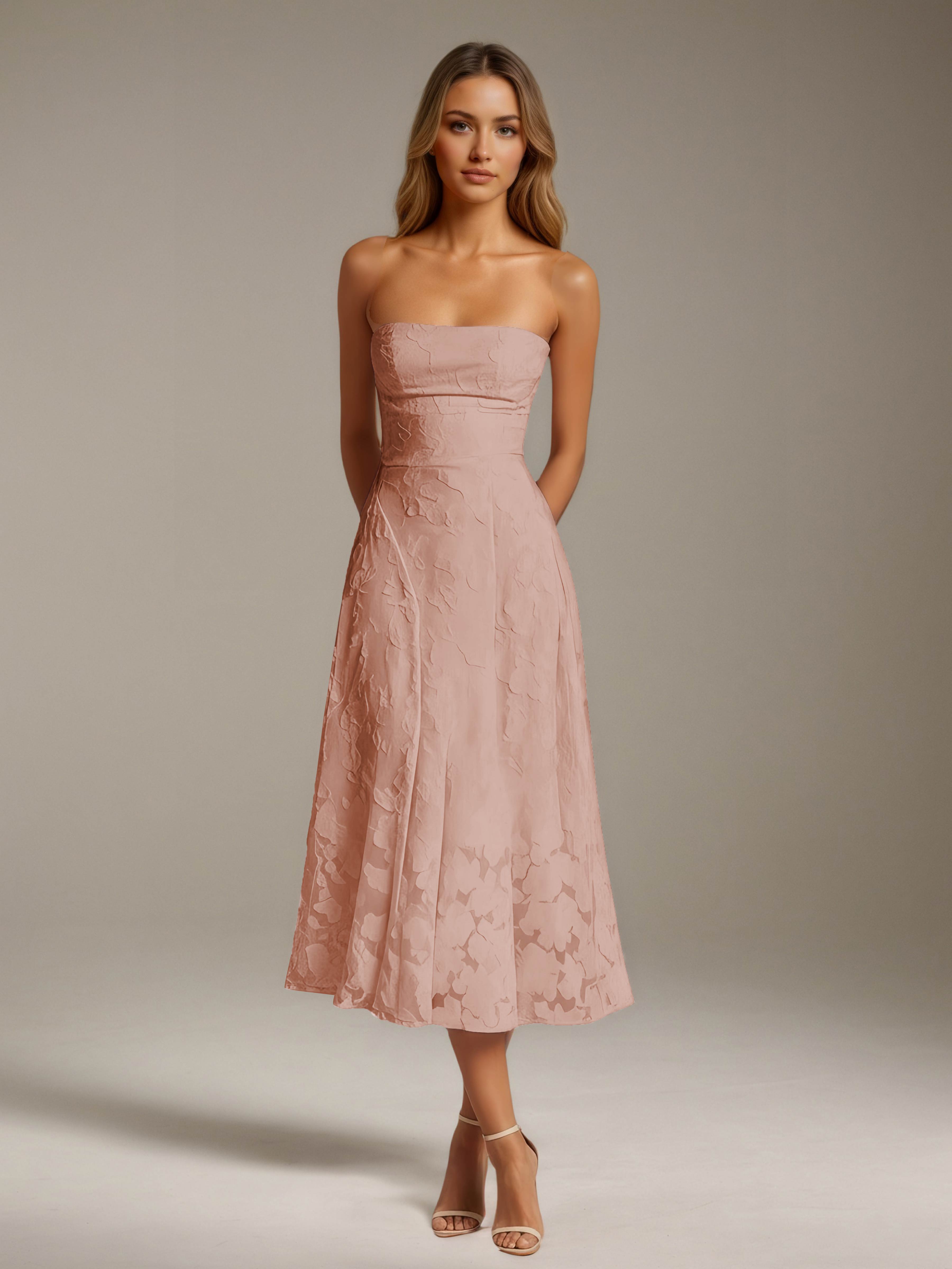 Women’s Floral Lace Tea-Length Dress | Strapless A-Line Occasion Dress