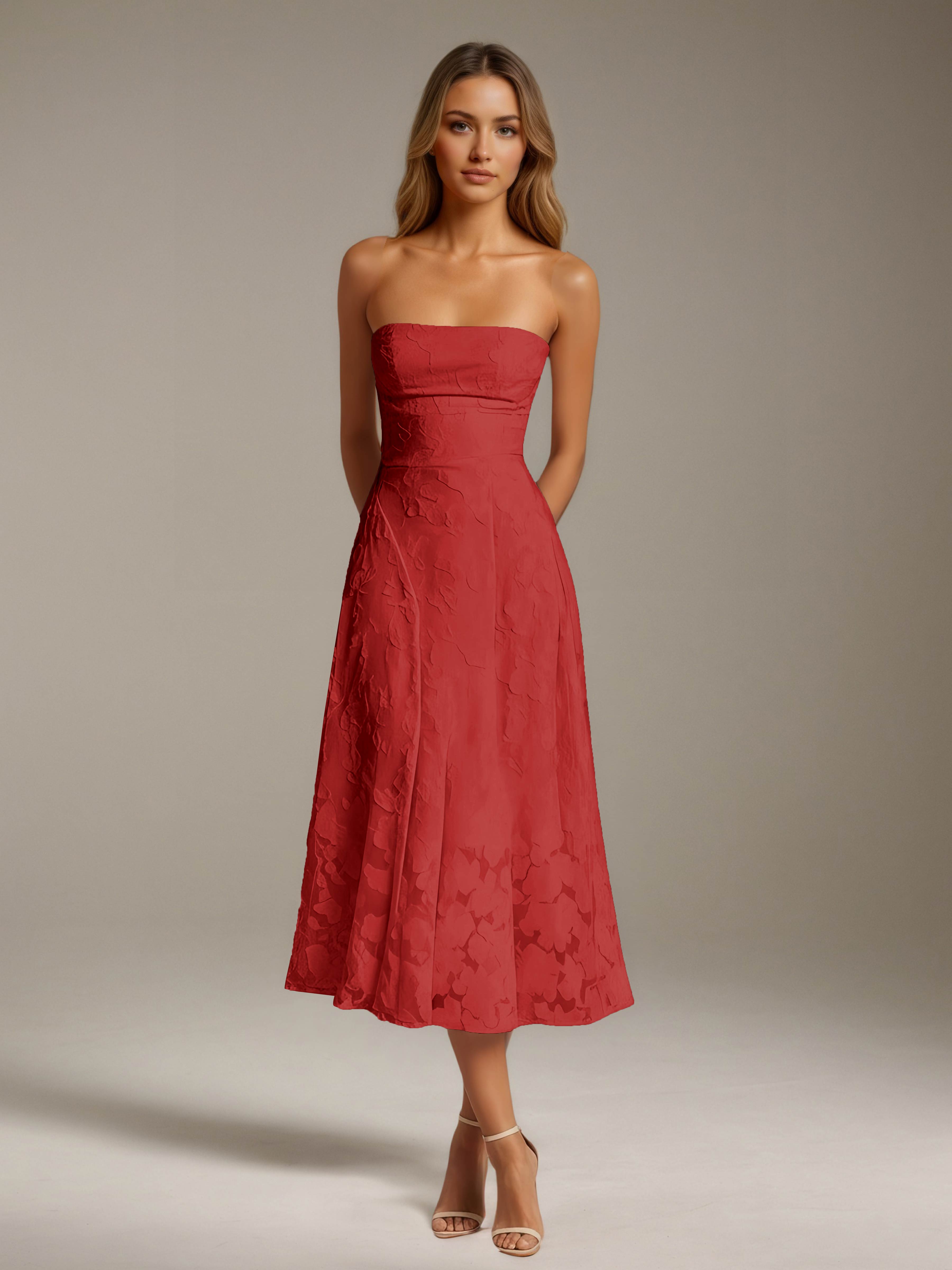Women’s Floral Lace Tea-Length Dress | Strapless A-Line Occasion Dress