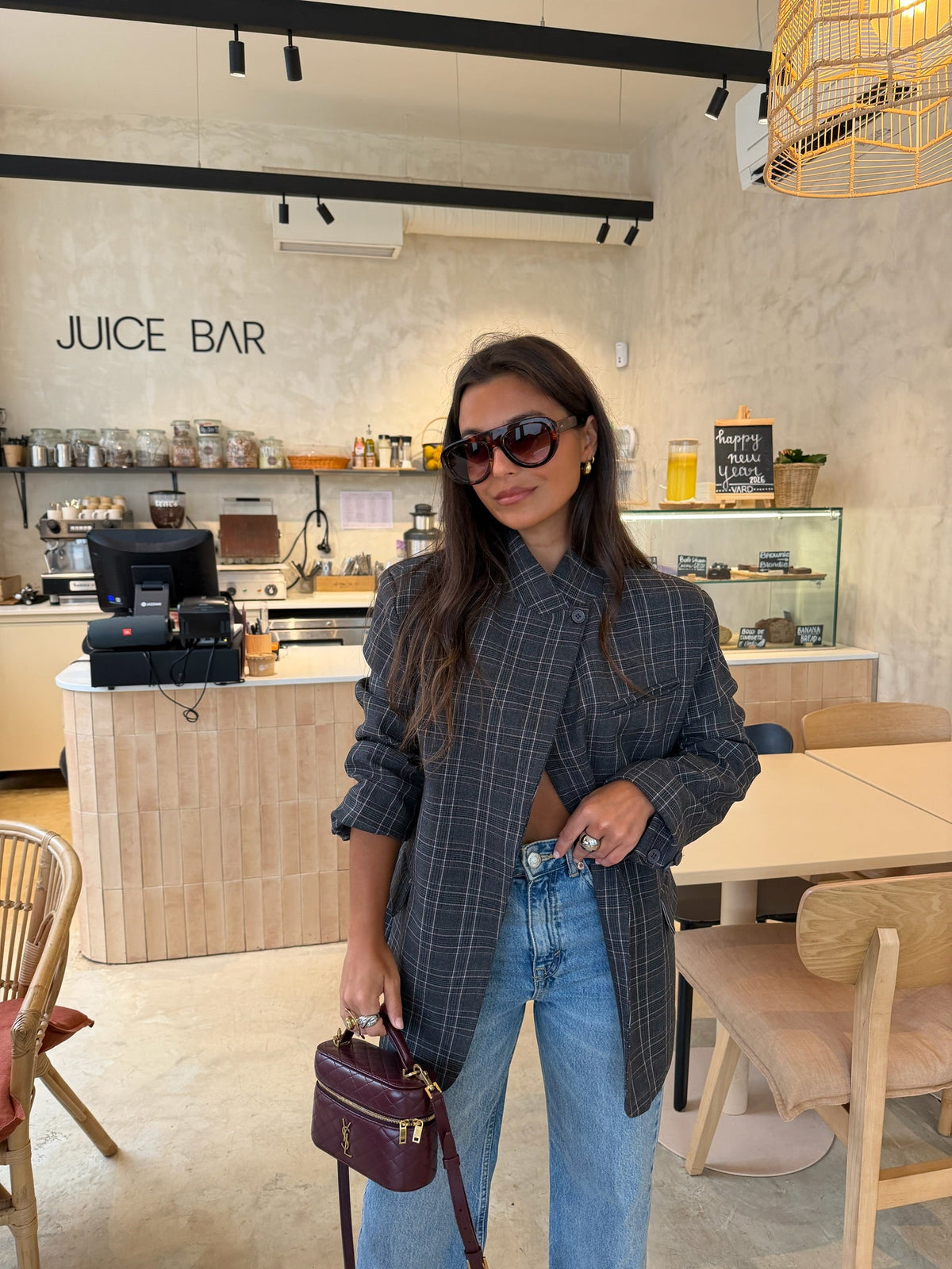Women's grey checked asymmetric blazer with long sleeves