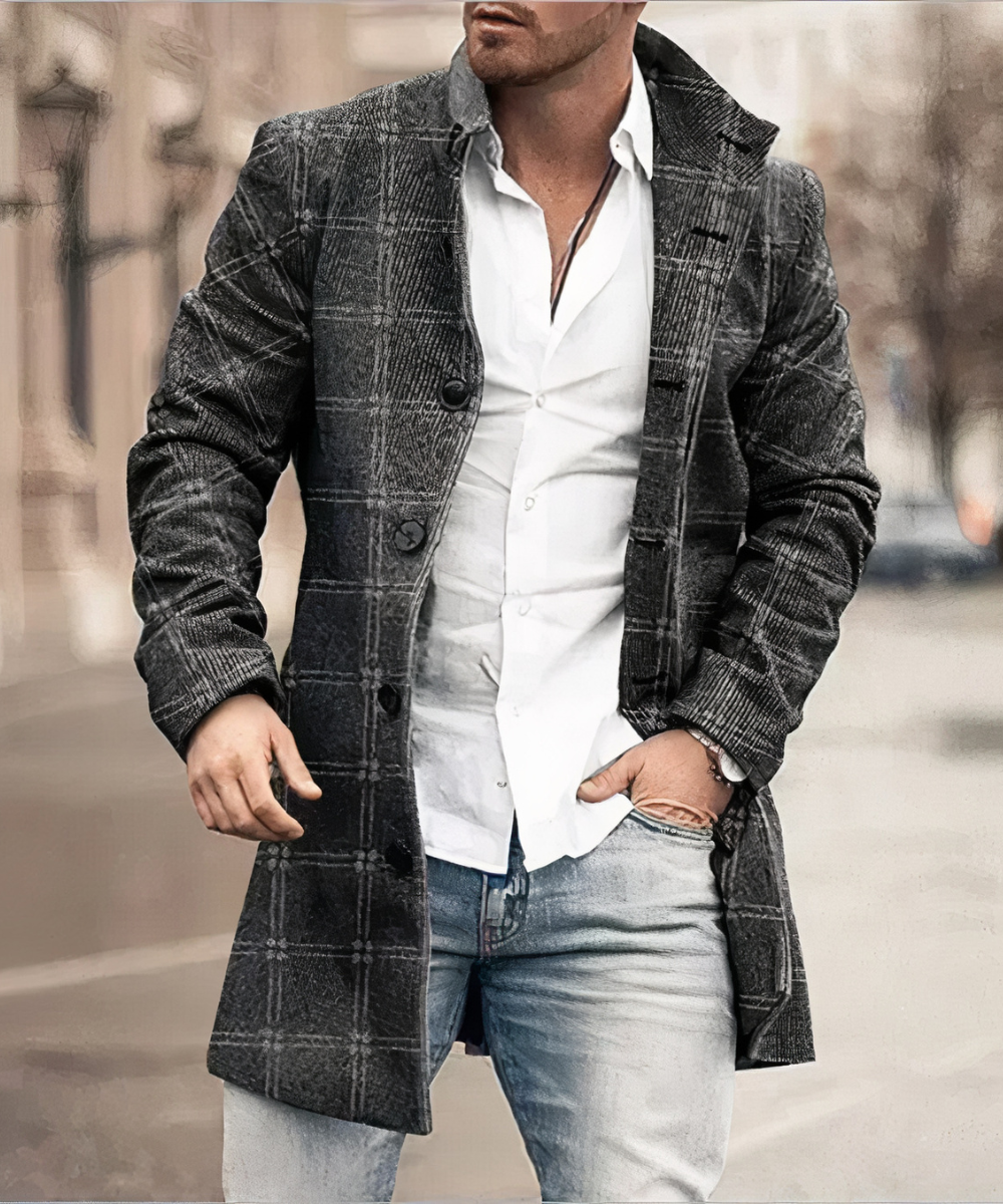 Men's longline trench coat with stand collar, button front and textured panel detailing