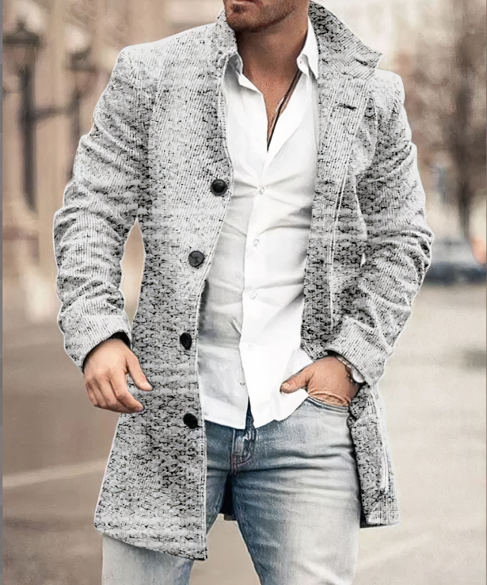 Men's longline trench coat with stand collar, button front and textured panel detailing