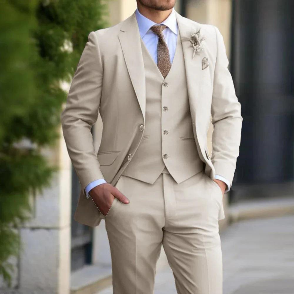 Men's three-piece suit with notched-lapel jacket, waistcoat and trousers