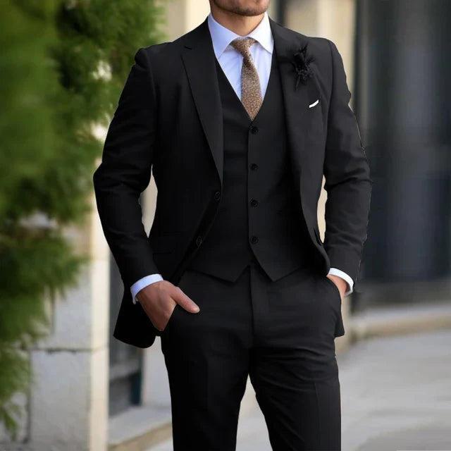 Men's three-piece suit with notched-lapel jacket, waistcoat and trousers
