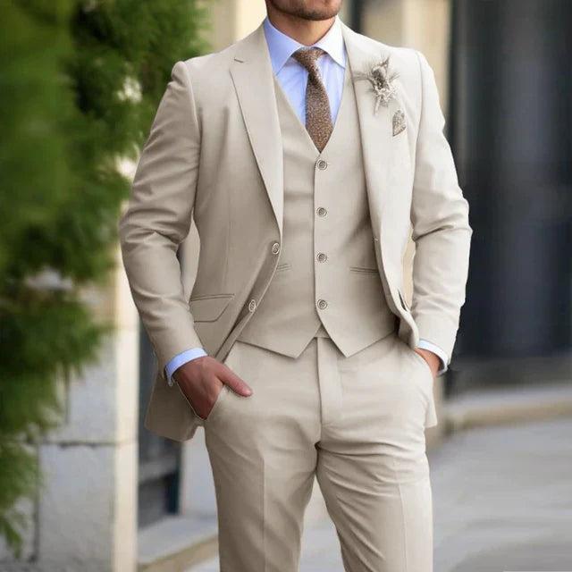Men's three-piece suit with notched-lapel jacket, waistcoat and trousers