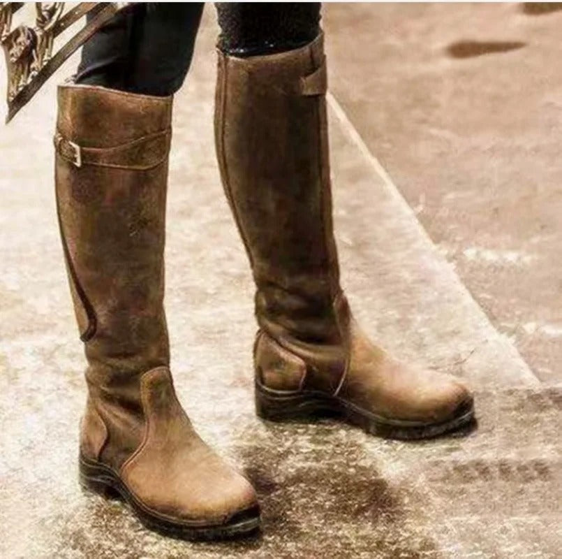 Women's Leather Riding Boot Knee-High Buckle - Brown