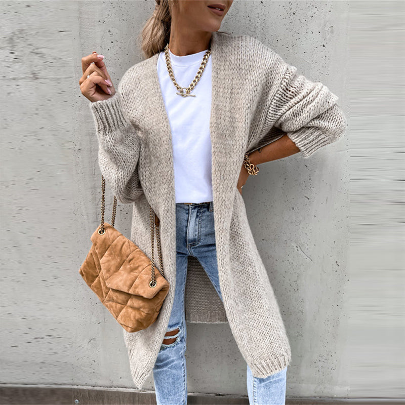 Women's longline knitted cardigan with open front and long sleeves