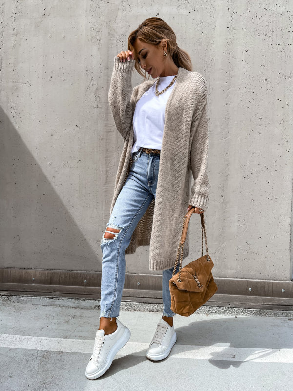 Women's longline knitted cardigan with open front and long sleeves