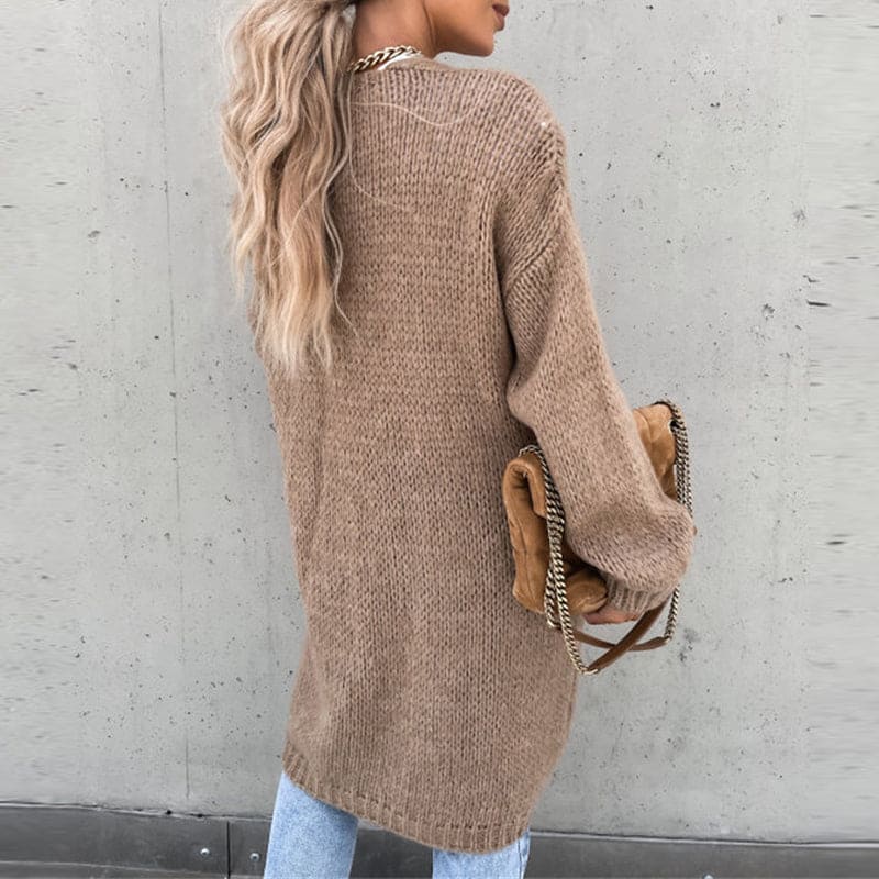 Women's longline knitted cardigan with open front and long sleeves