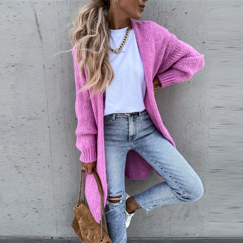 Women's longline knitted cardigan with open front and long sleeves