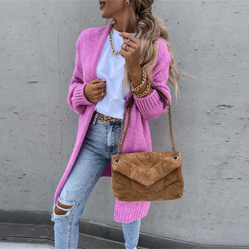Women's longline knitted cardigan with open front and long sleeves