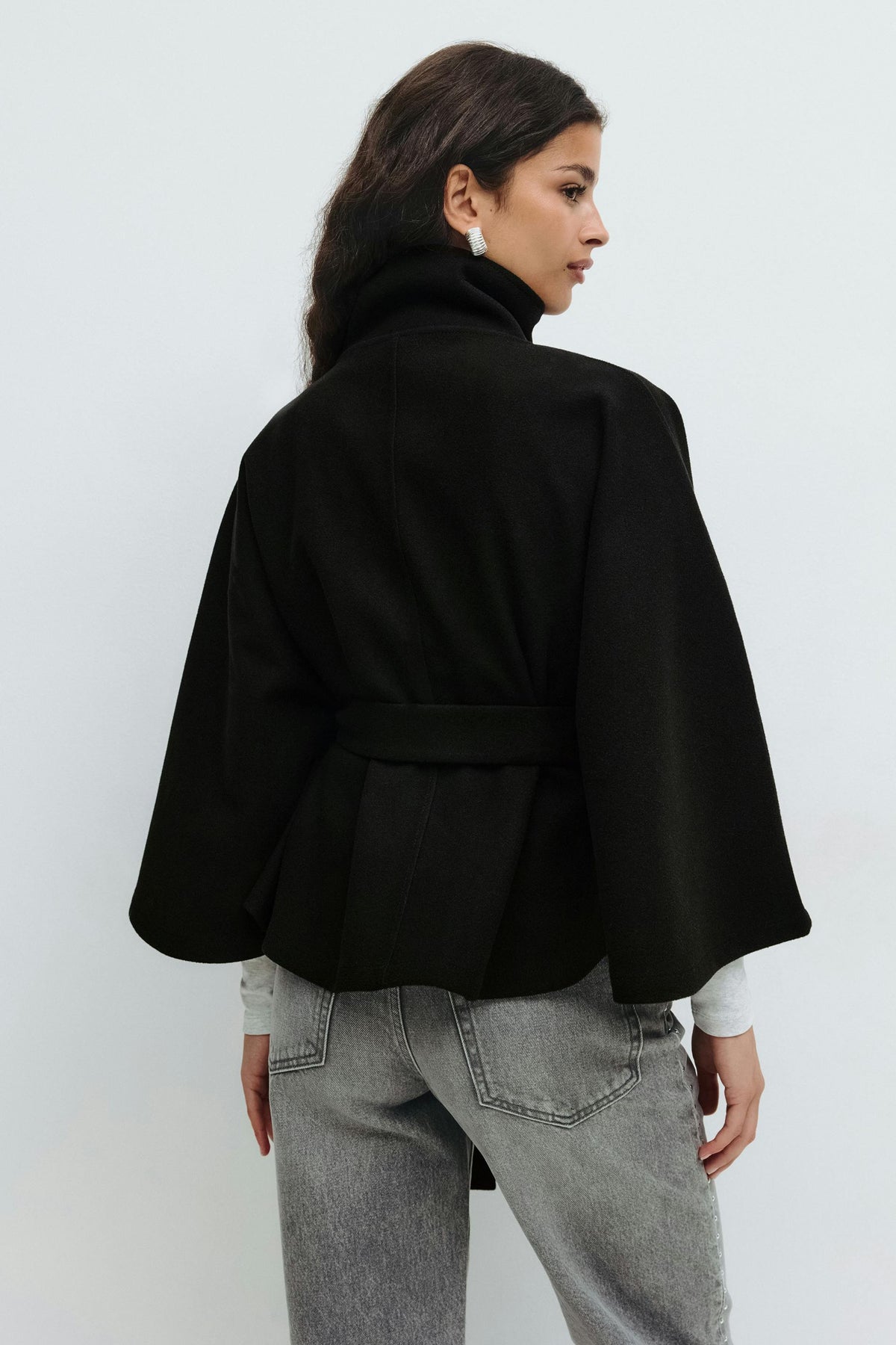 Women's short belted jacket with high collar, button front and wide sleeves