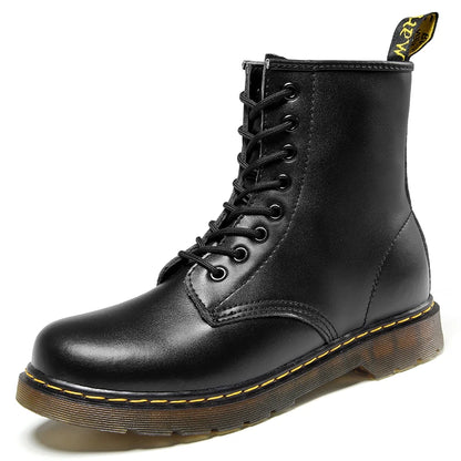 Women's lace-up combat boots with round toes and chunky ribbed soles