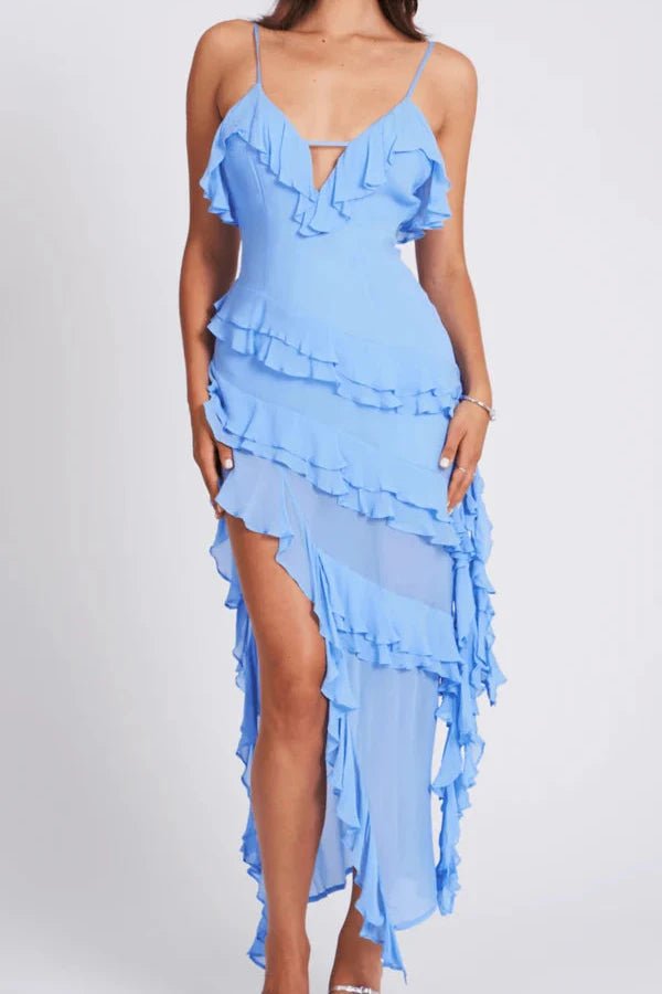 Women's Asymmetrical Ruffle Midi Dress Spaghetti Strap Bodycon Fit | Blue