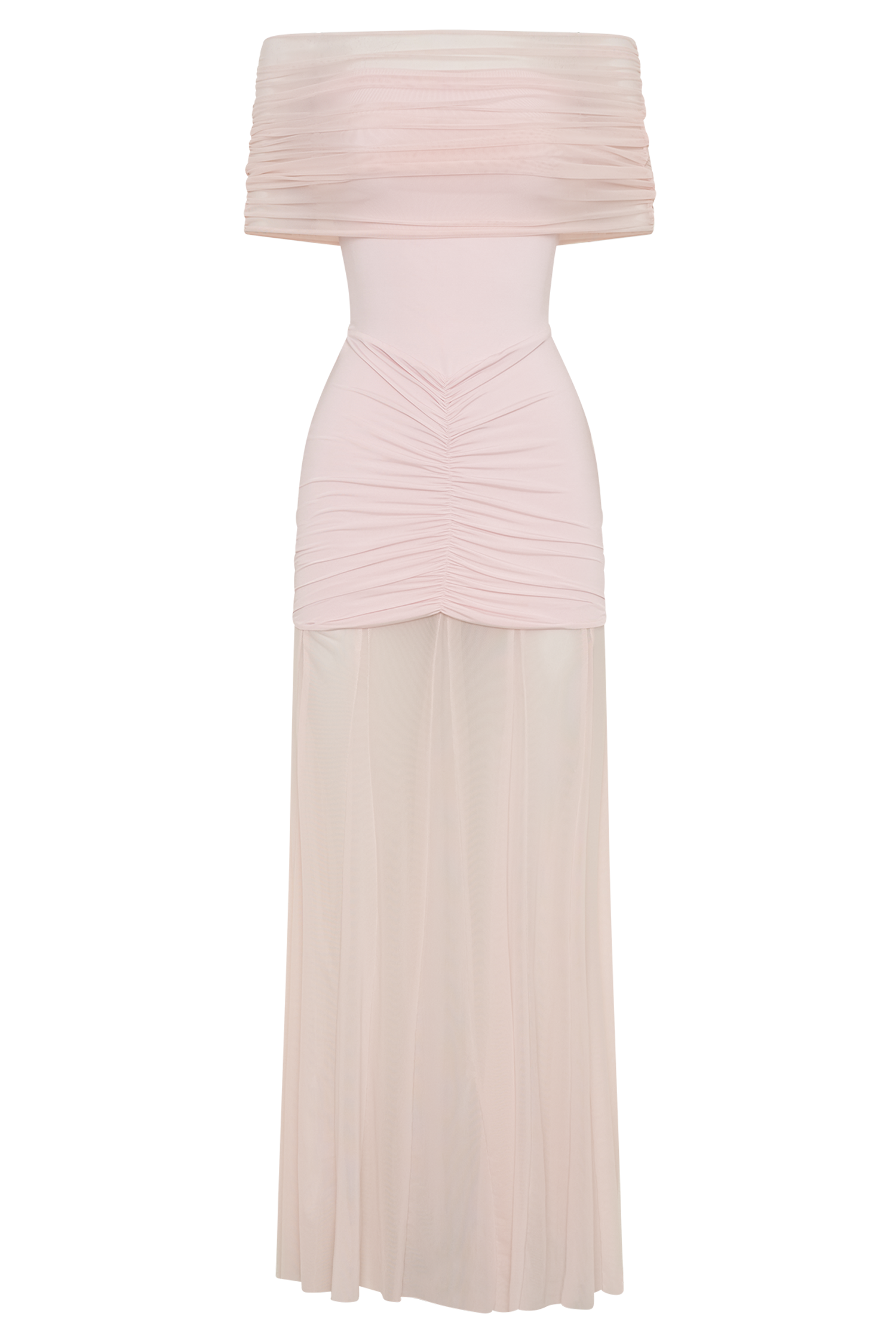 Women’s Off-Shoulder Mesh Maxi Dress | Ruched Slinky Evening Gown in Pale Pink