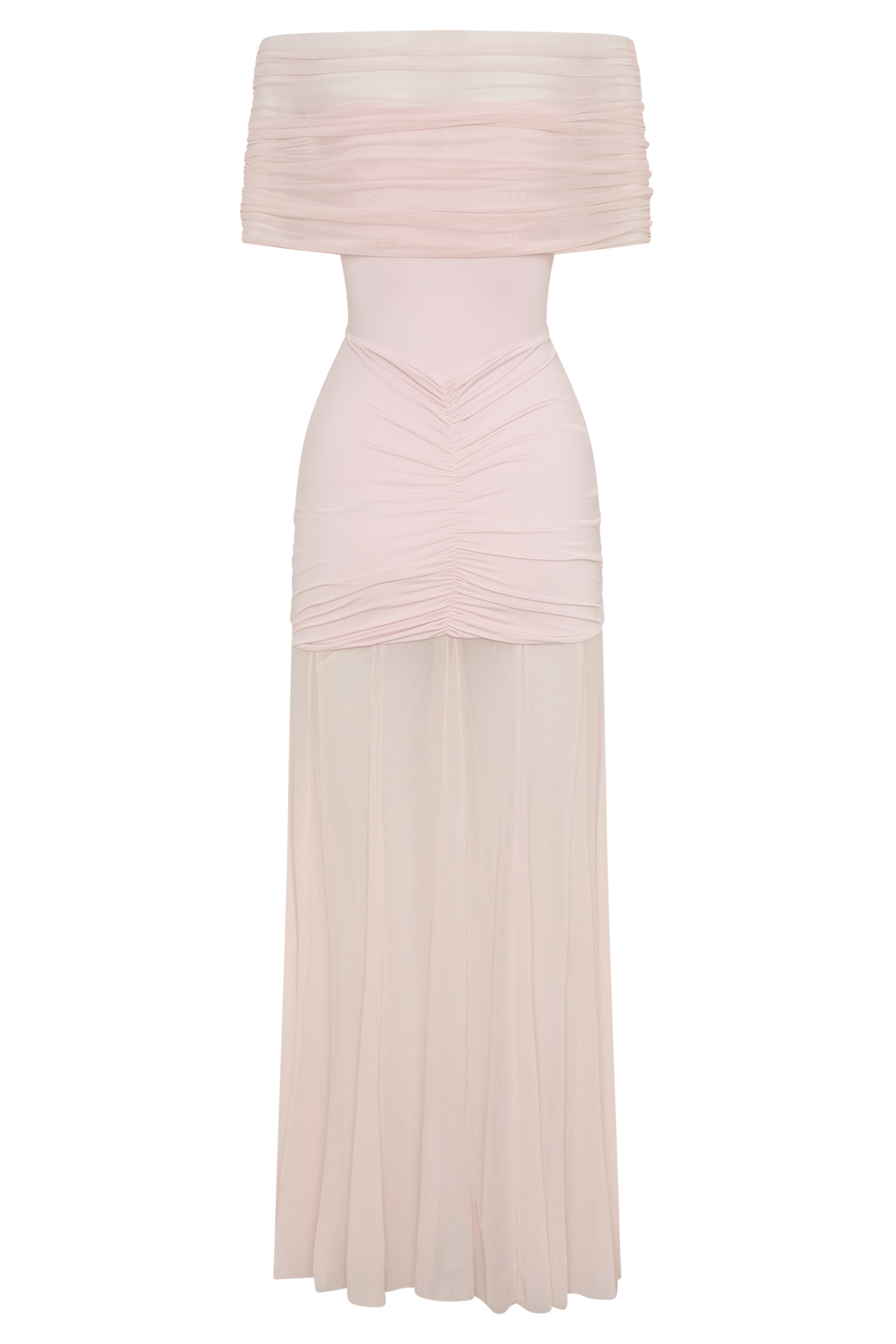 Women’s Off-Shoulder Mesh Maxi Dress | Ruched Slinky Evening Gown in Pale Pink