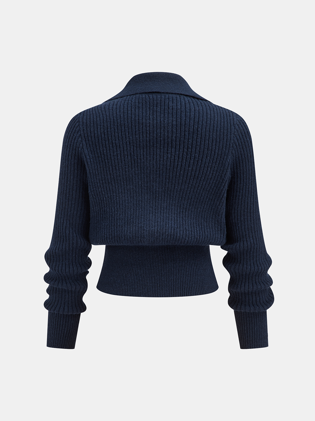 Women's ribbed cropped sweater with collared neckline and metal buckle fastenings