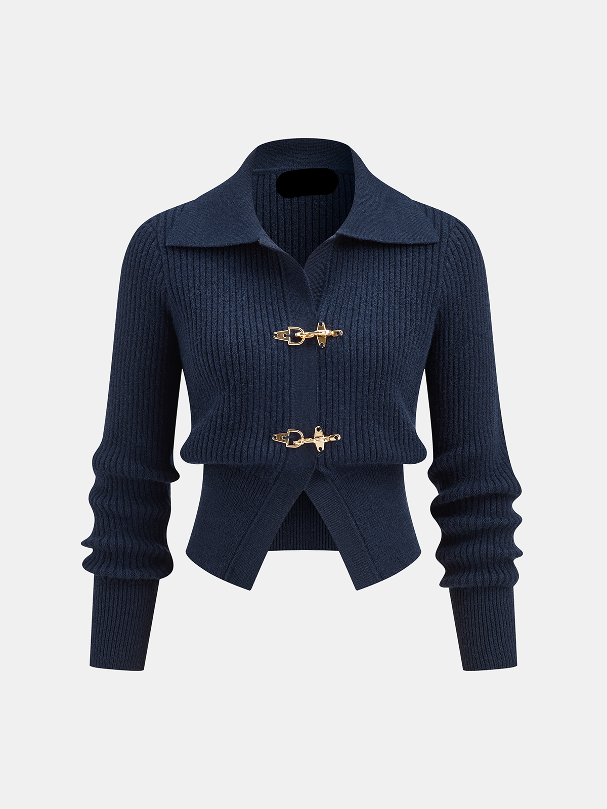 Women's ribbed cropped sweater with collared neckline and metal buckle fastenings