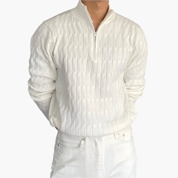 Unisex ribbed half-zip sweater with mock neck and long sleeves