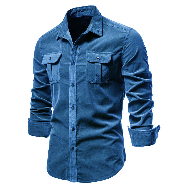 Men's Corduroy Shirt Slim Fit Dual Chest Pockets - Denim Blue