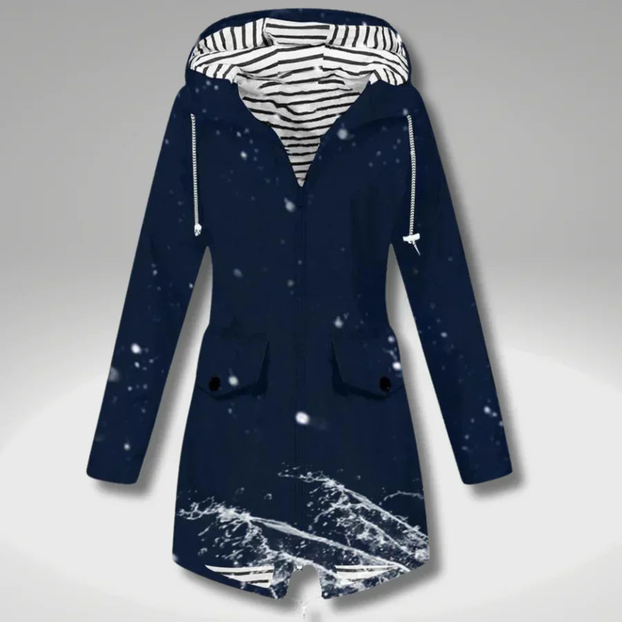 Women's hooded long-sleeve trench coat with zip front and flap pockets