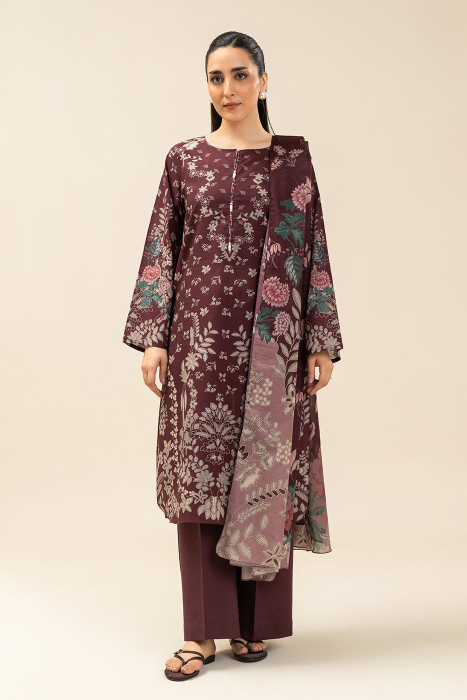 Women's multicoloured floral printed three-piece suit set with long sleeves and wide-leg trousers