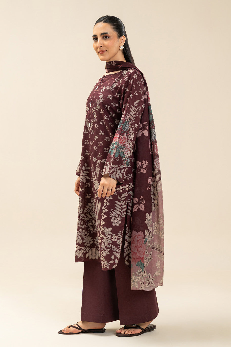 Women's multicoloured floral printed three-piece suit set with long sleeves and wide-leg trousers
