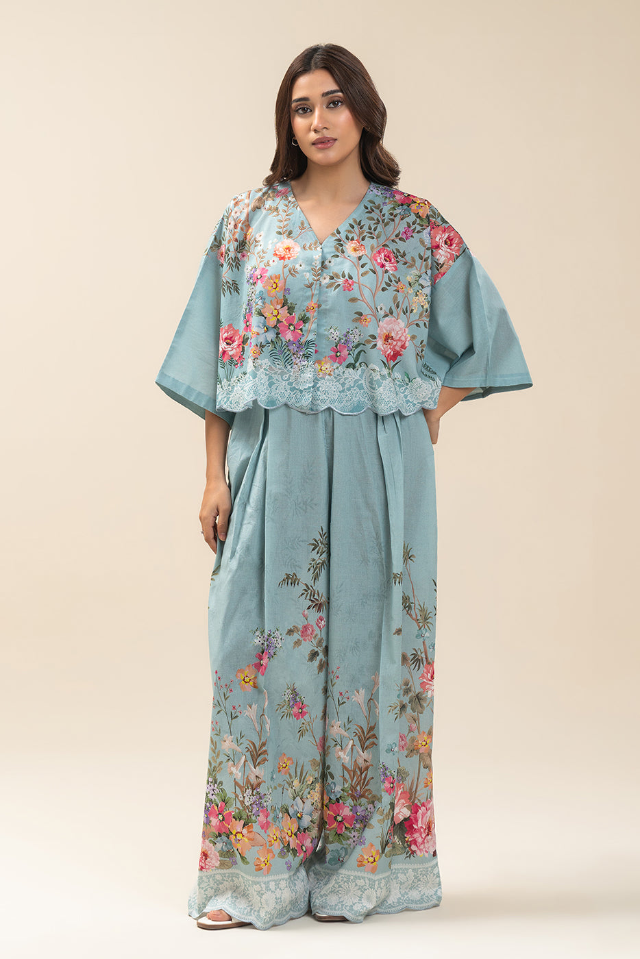 Women's multicoloured floral V-neck trousers set with wide-leg trousers