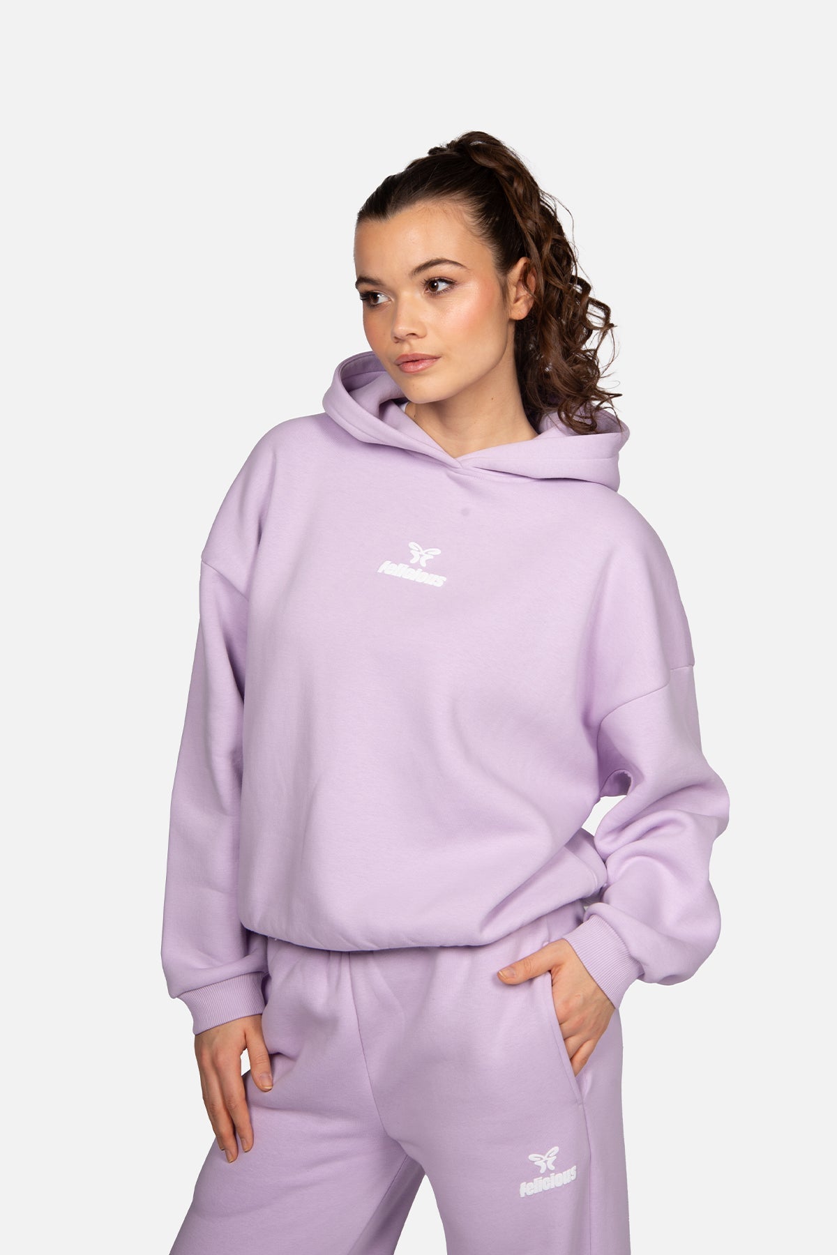 Women's lavender hooded sweatshirt with white butterfly logo and ribbed trims
