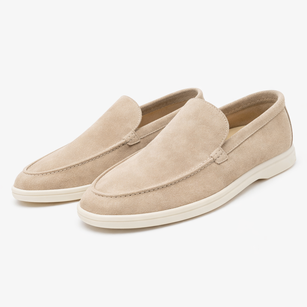 Men's moc toe slip-on loafers with stitched apron detail and low flat soles