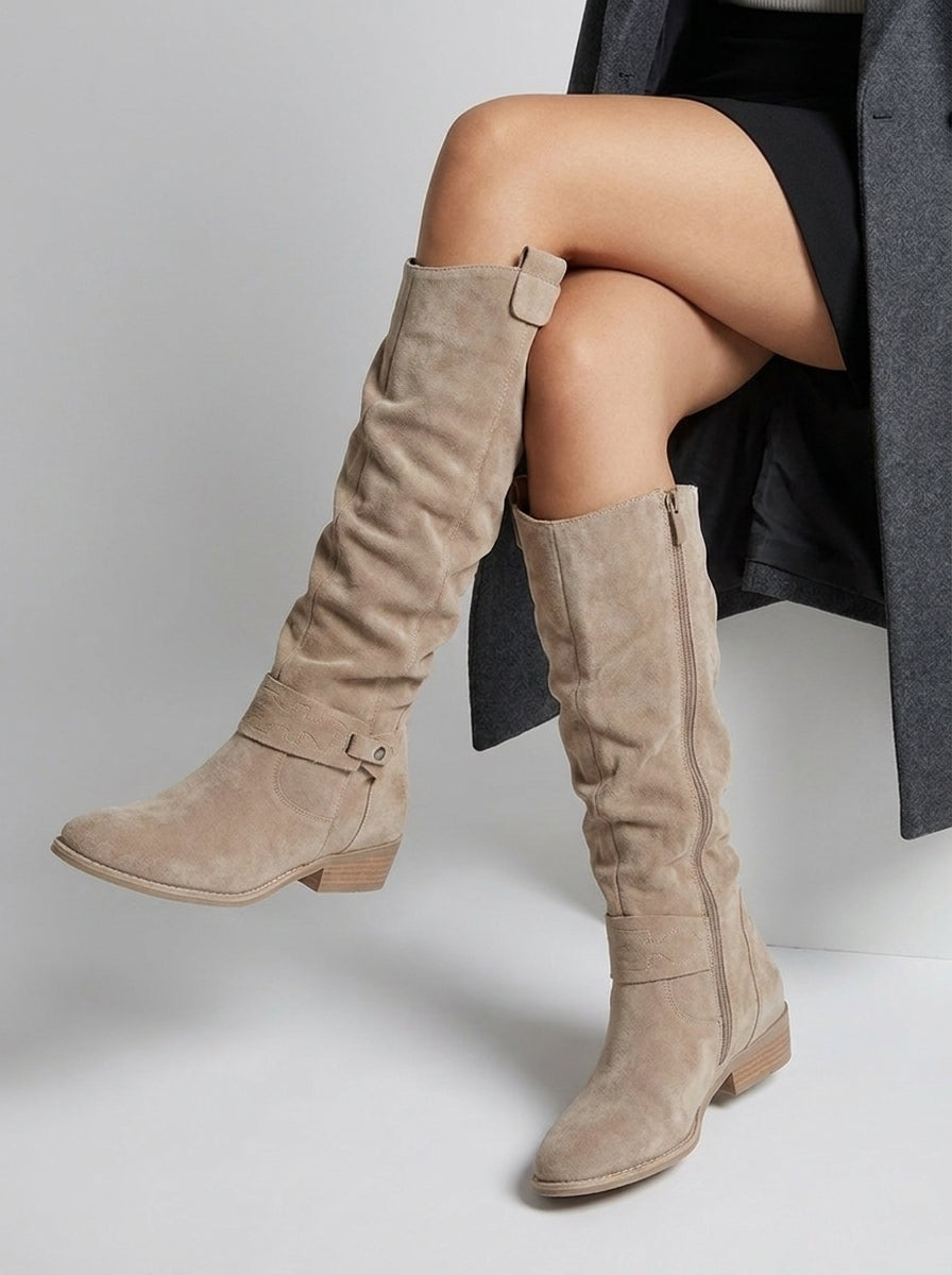 Women's knee-high slouch boots with buckle straps, side zip and low block heels