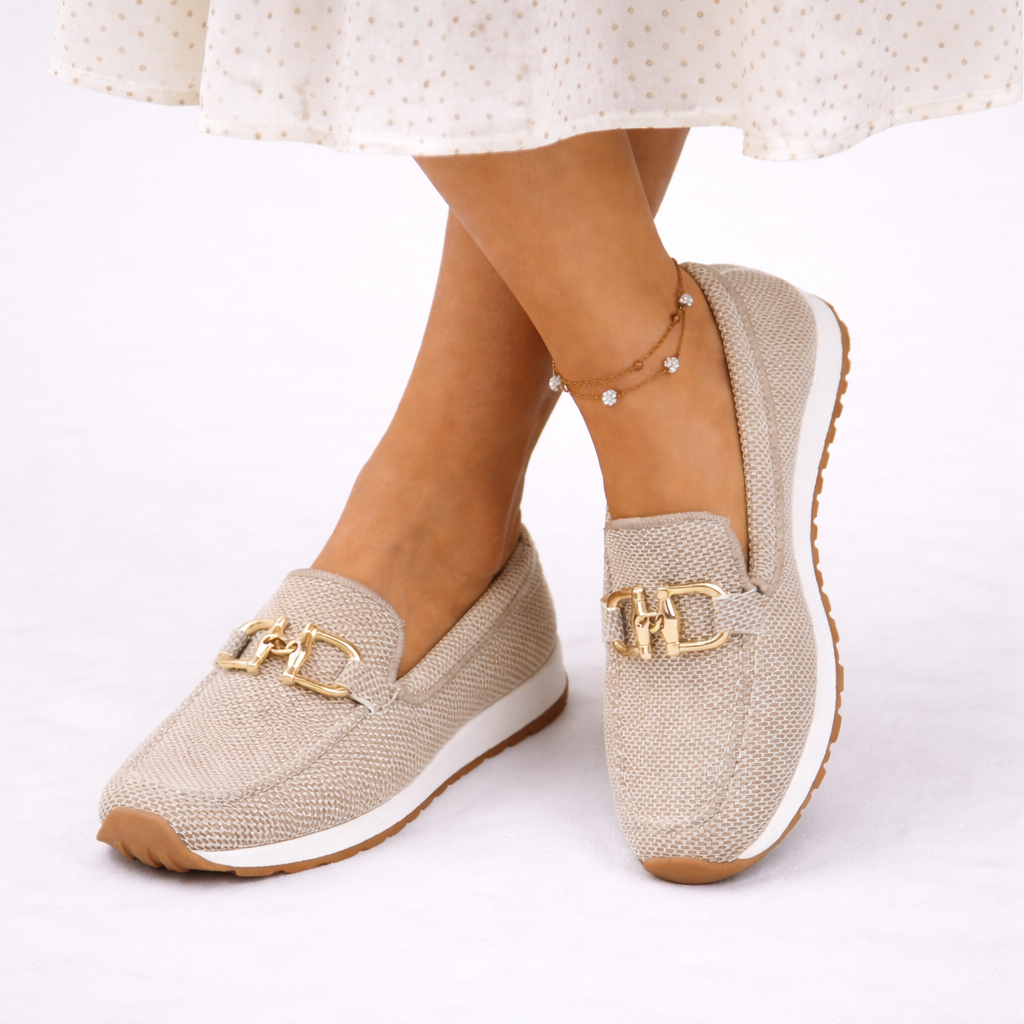Women's Loafer Slip-On Knit Flatform Gold Trim - Beige