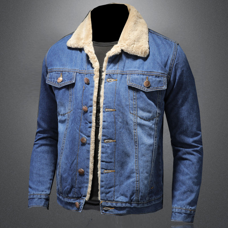 Men's blue denim jacket with contrast sherpa collar, long sleeves and button front