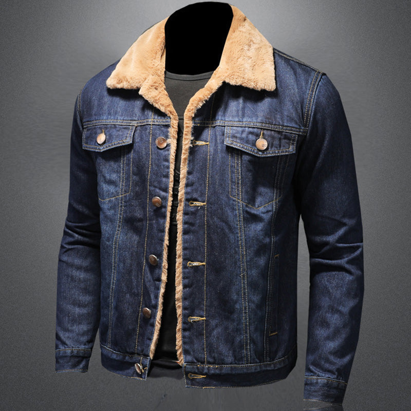 Men's blue denim jacket with contrast sherpa collar, long sleeves and button front