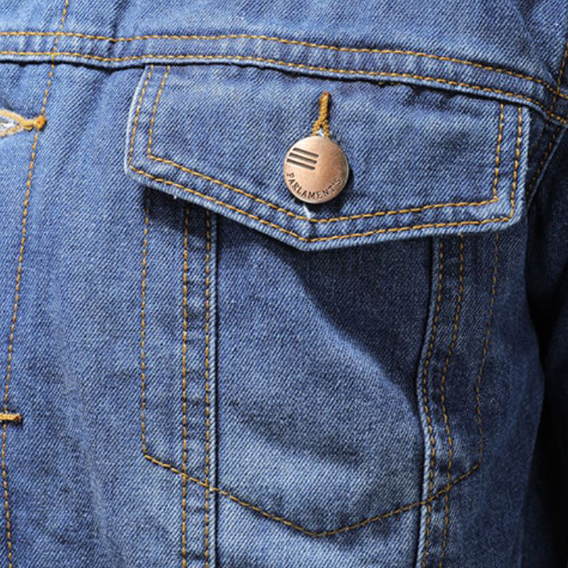 Men's blue denim jacket with contrast sherpa collar, long sleeves and button front