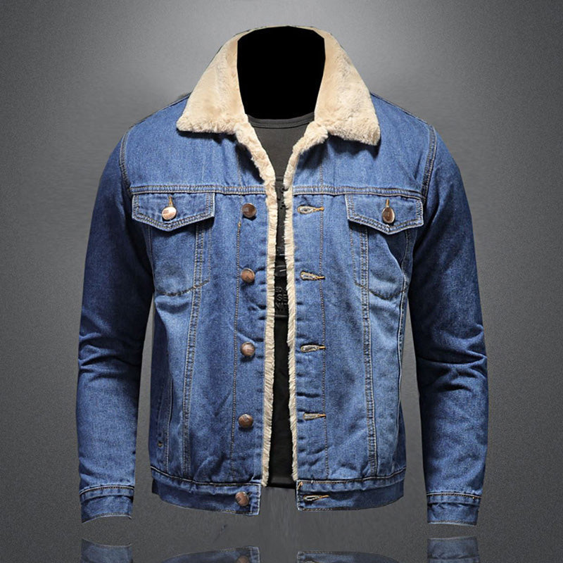 Men's blue denim jacket with contrast sherpa collar, long sleeves and button front