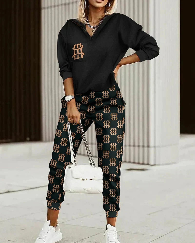 Women's hooded top and patterned jogger set with long sleeves