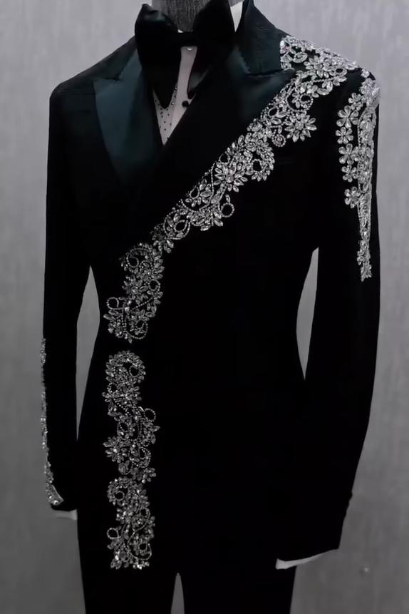 Black men's slim fit suit with peaked lapels and silver floral embellishment